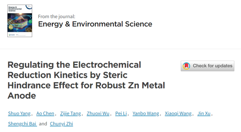支春义团队EES.：空间位阻效应提升ZnO负极的电化学还原动力学！
